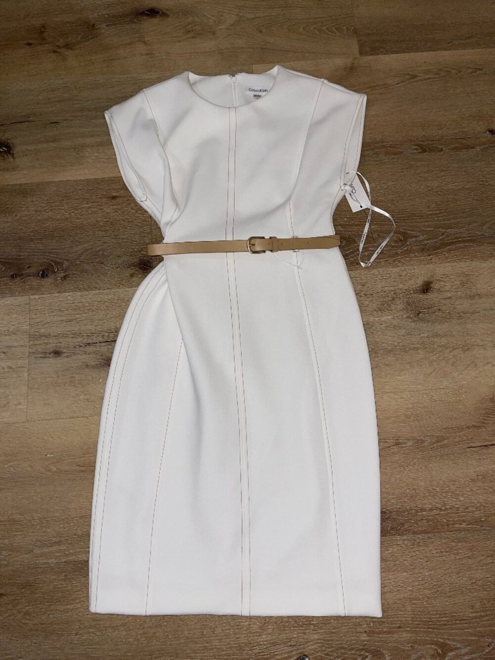 Calvin Klein Dress Size 6 White Belted Sheath Contrast Stitch NWT